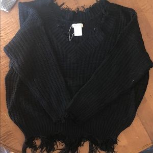 Woman’s - Black V Neck Fringe Sweater Size M